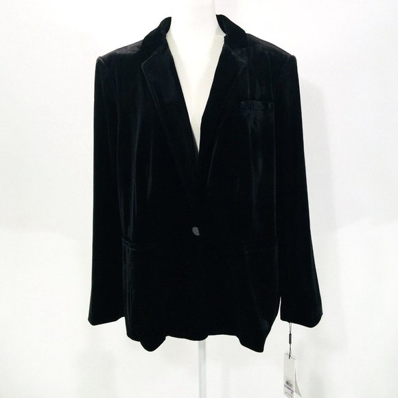 Calvin Klein Velvet Blazer Jacket Women's Plus Sz 22W Black One-Button Lined - Picture 2 of 15